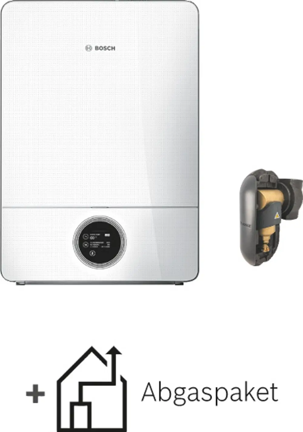 Weiße Wandheizung von Bosch mit digitalem Bedienelement und Abgasmodul auf der rechten Seite. Grafisches Symbol für Abgaspaket darunter.